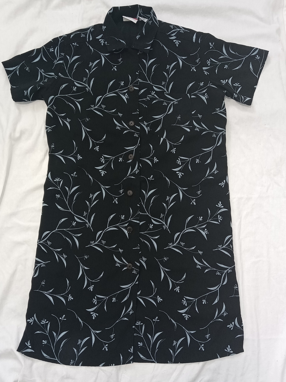 LL Bean Classic Black/Gray Short-Sleeve Floral Lined Polyester Dress SM-PET